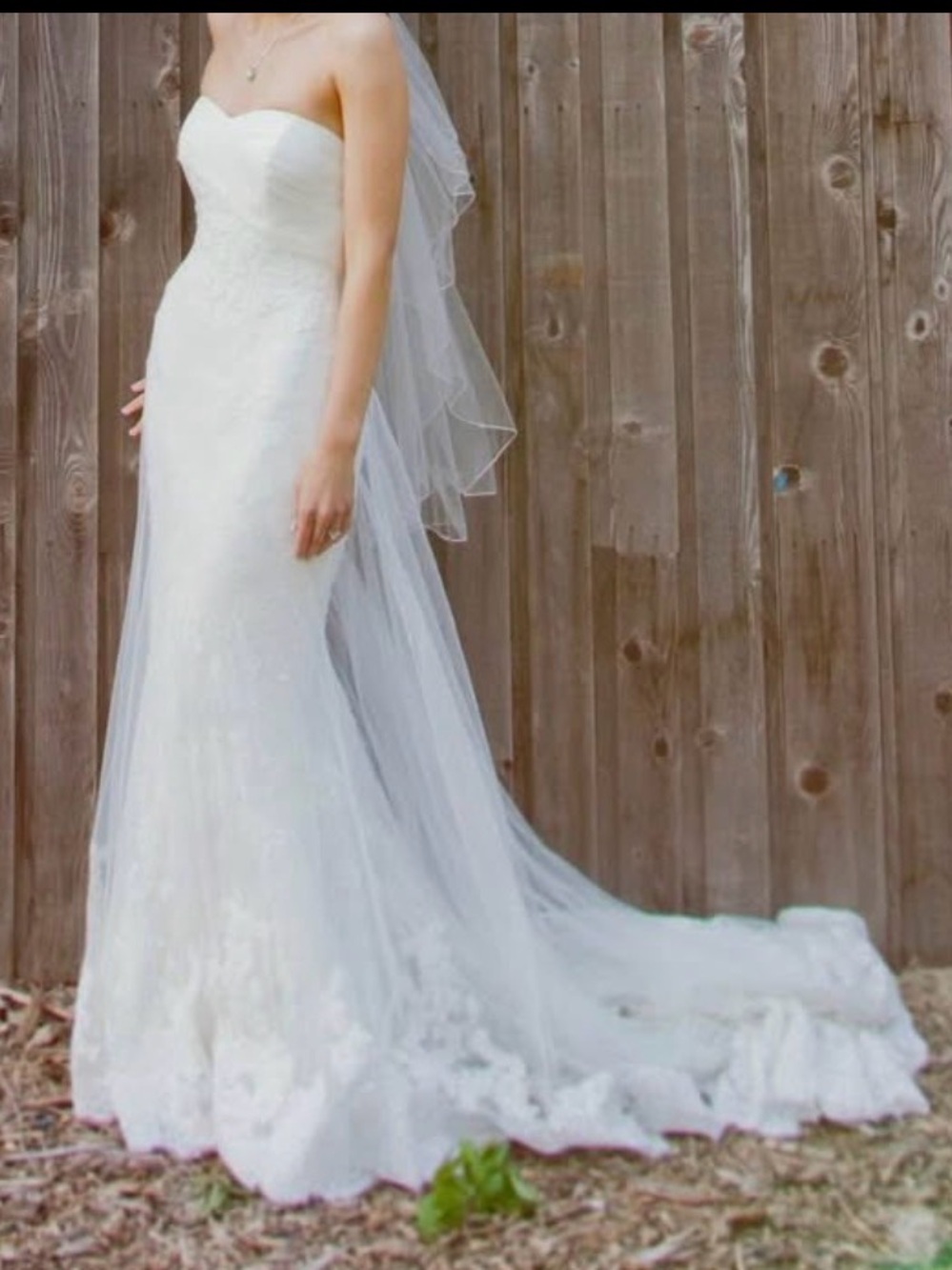 Pronovias Strapless White Lace Mermaid Wedding Dress with Train